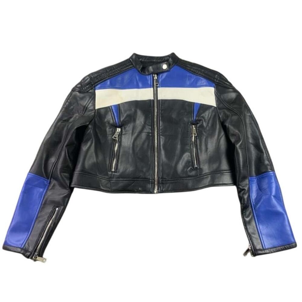 Lioness Moto Biker Jacket Women M Black Blue Faux Leather Cropped Colorblock Zip